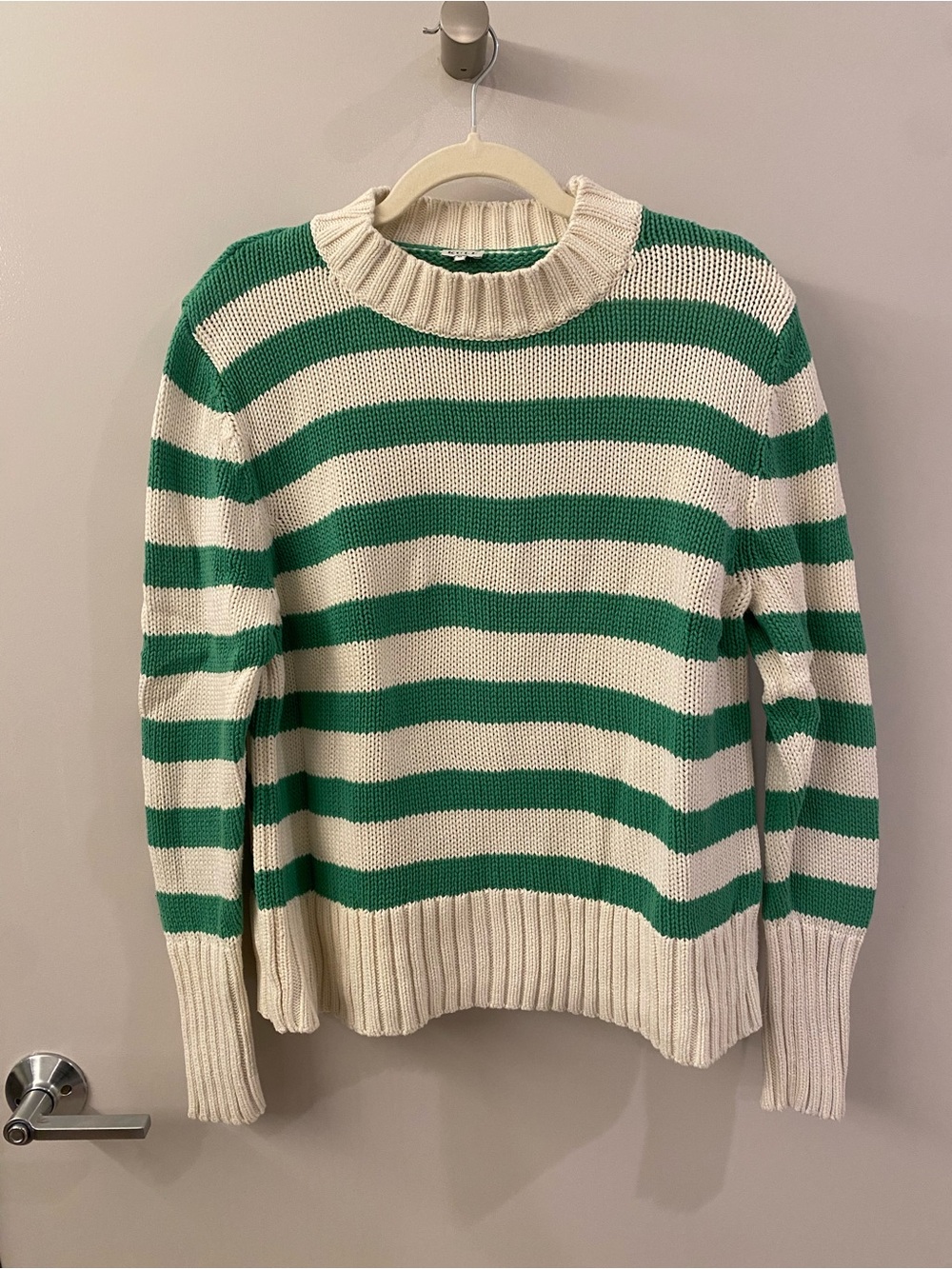 KULE Tatum Cotton Cream and Green Striped Crewneck Sweater